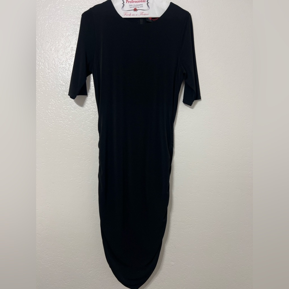 Alice + Olivia AIR Black Ruched Midi Dress M Bodycon Minimalist Stretch